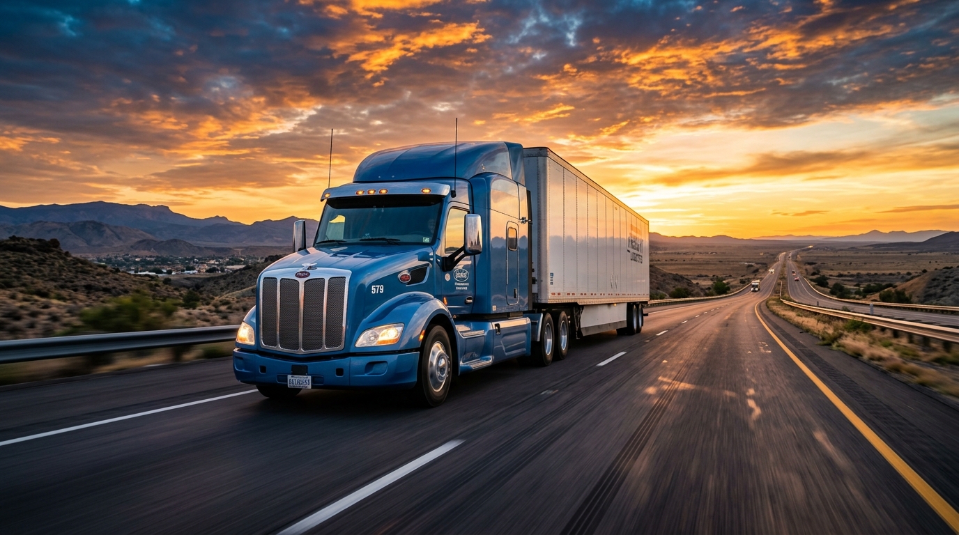 Semi truck on American highway at sunset
